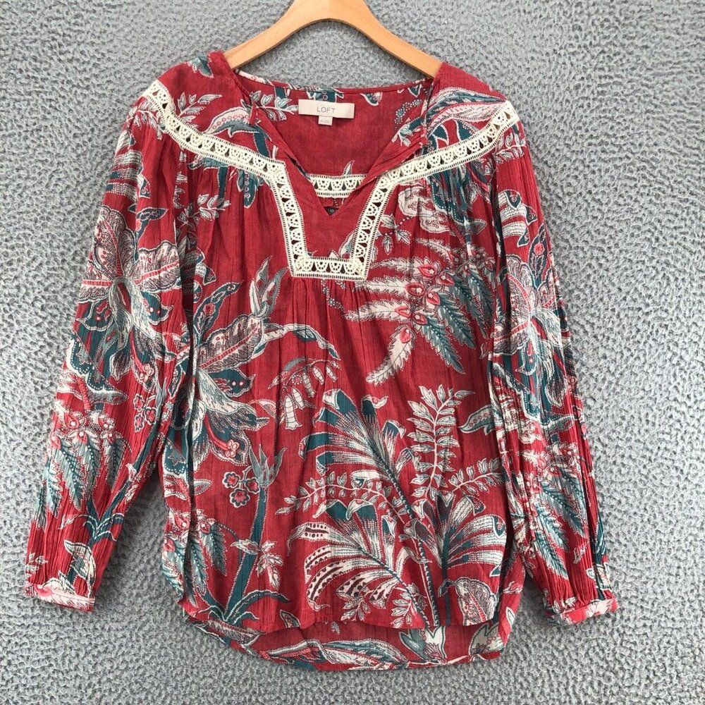 LOFT Shirt womens XXS Multicolor Floral Gauzy Cut Out Lace Long Sleeve Peasant
